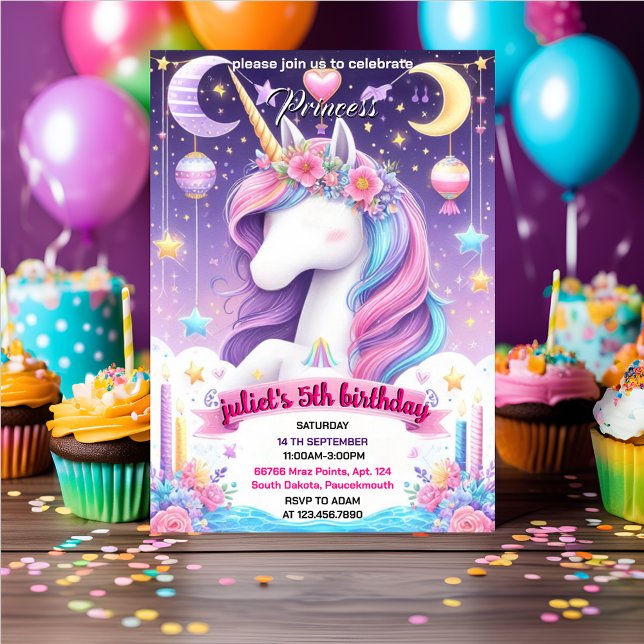 fill girly cute purple pink unicorn 1st birthday invitation (Creator Uploaded)