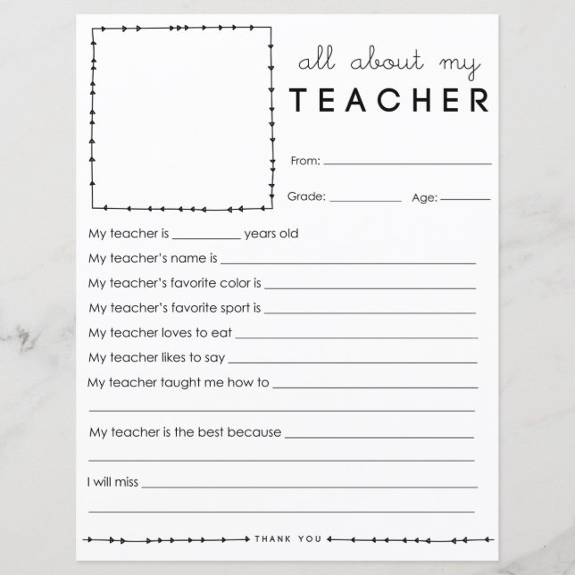 Fill in Blank All About My Teacher (Front)