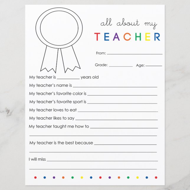 Fill in Blank All About My Teacher (Front)