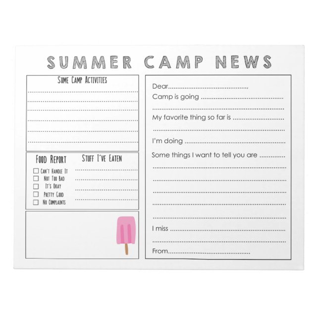Fill in Camp Letter - Cute Summer Camp Stationary Notepad (Front)