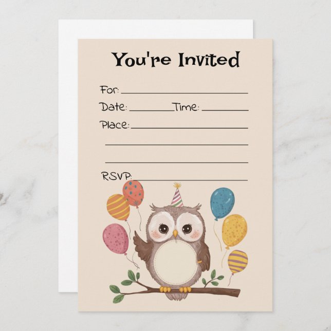 Fill In The Blank Owl Birthday Invitation (Front/Back)