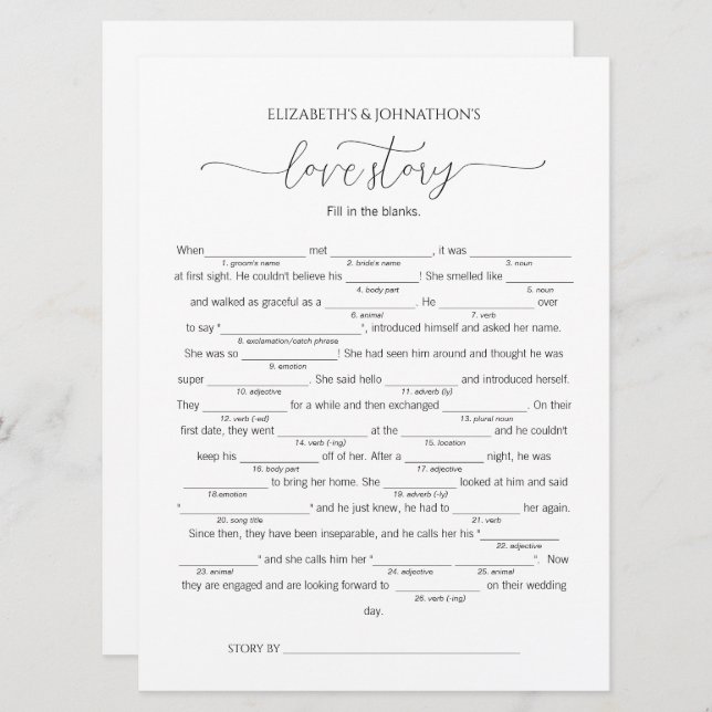Fill in the Blanks Love Story Bridal Shower Game Invitation (Front/Back)