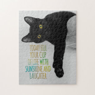 Fill Your Cup Of Life Black Cat Motivational Quote Jigsaw Puzzle