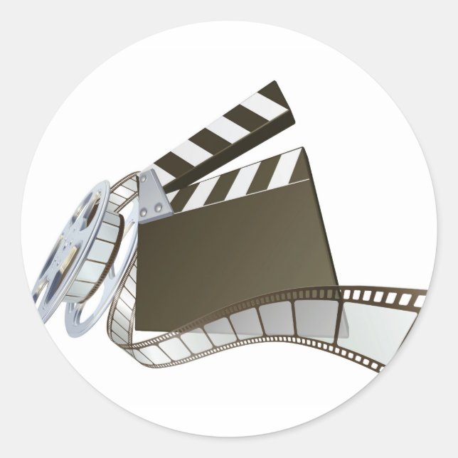 Film clapperboard and movie film reel classic round sticker (Front)