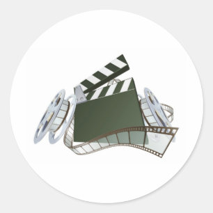 Film clapperboard and movie film reels classic round sticker