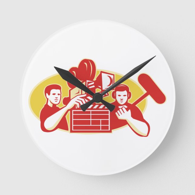 Film Director Movie Camera Clapper Soundman Round Clock (Front)