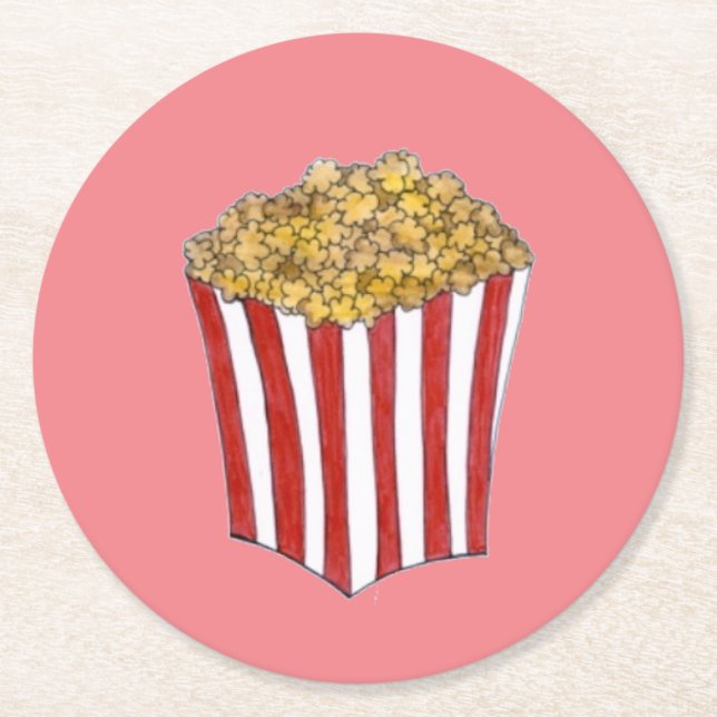 Film Movie Night Sleepover Buttered Popcorn Tub Round Paper Coaster (Front)