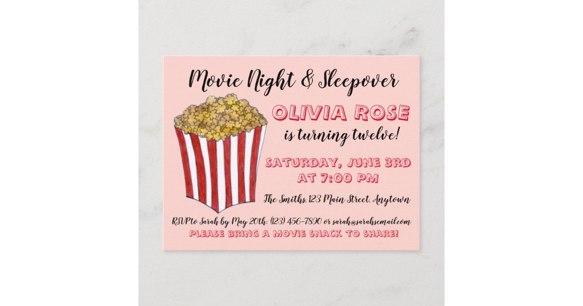 Film Movie Night Sleepover Popcorn Birthday Party Invitation Postcard ...