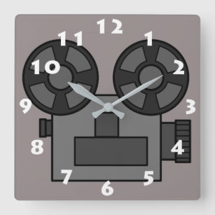 FILM PROJECTOR IN CHARCOAL GRAY WITH WHITE NUMBERS SQUARE WALL CLOCK