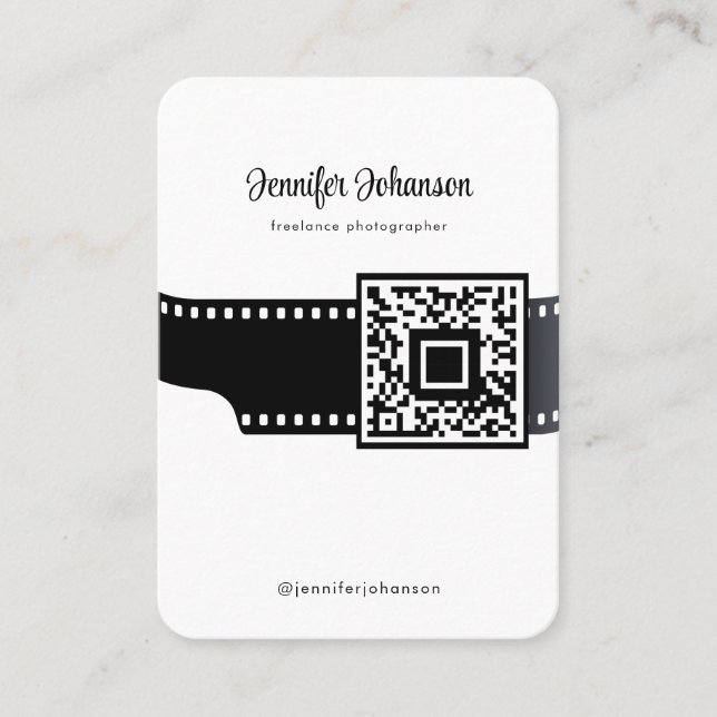 Film Roll Camera QR Code Black and White Business Card (Front)