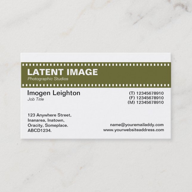 Film Strip Header - Dp Olive Green and White Business Card (Front)