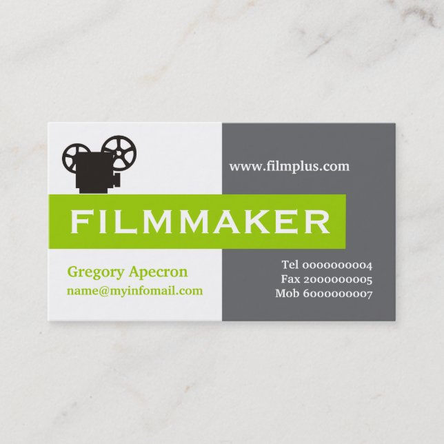 Filmmaker grey, white, lime green eye-catching business card (Front)