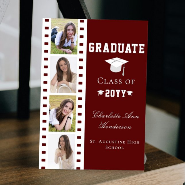 Filmstrip Four Photo Collage Graduation | Red Invitation (Red Filmstrip Four Photo Collage Graduation Announcement Invitation)
