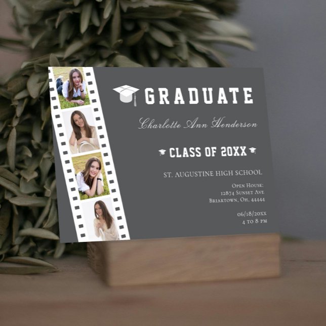 Filmstrip Four Photo Collage Open House | Grey Invitation (Gray Filmstrip Four Photo Collage Graduation Open House Invitation)