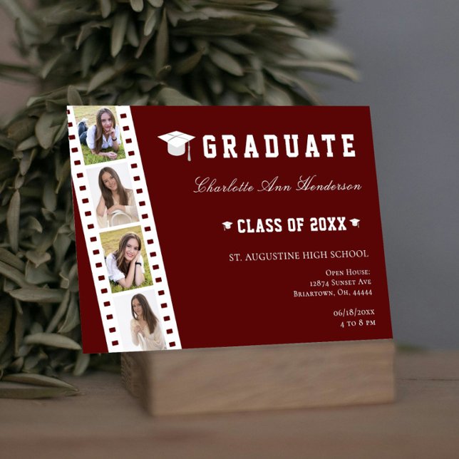 Filmstrip Four Photo Collage Open House | Red Invitation (Red Filmstrip Four Photo Collage Graduation Open House Invitation)