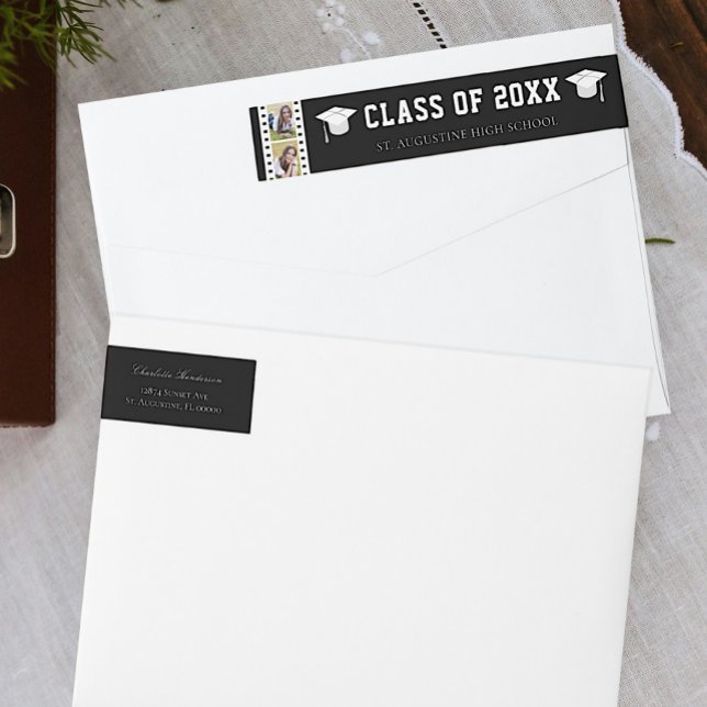 Filmstrip Photo Collage Graduation Address Black Wrap Around Label (Black Filmstrip Photo Collage Graduation Wrap Around Address Label)