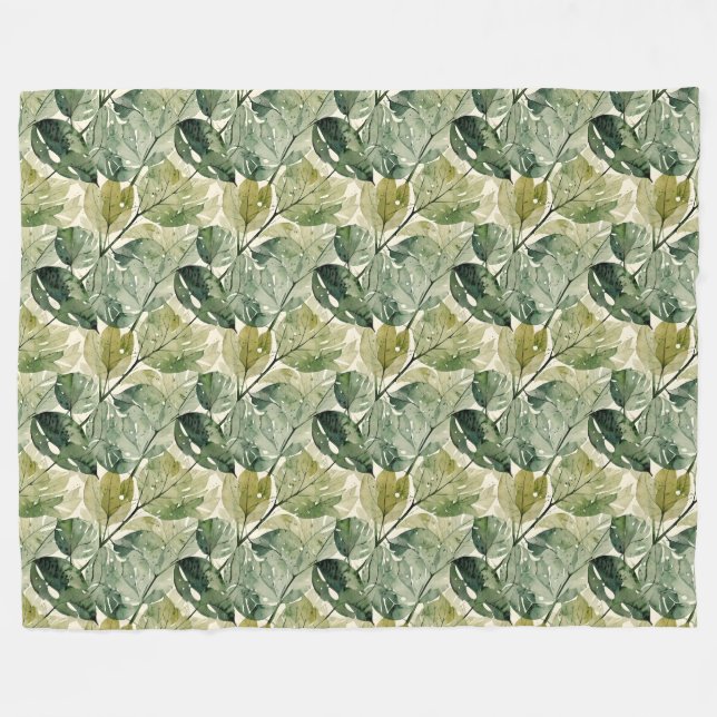 Filmy Leaves in Sage and Teal Fleece Blanket (Front (Horizontal))