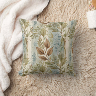 Filmy Sage & Brown Leaves Over Stripe Cushion