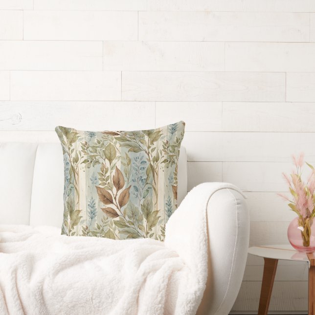 Filmy Sage & Brown Leaves Over Stripe Cushion (Couch)