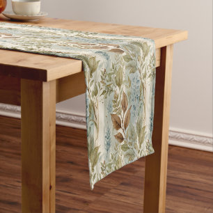 Filmy Sage & Brown Leaves Over Stripe Short Table Runner