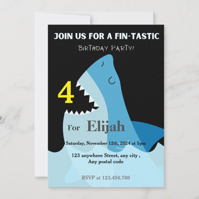 Fin-tastic blue shark in the sea invitation (Front)