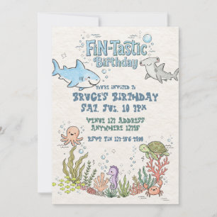Fin-Tastic Happy Shark Illustrated Look Birthday Invitation