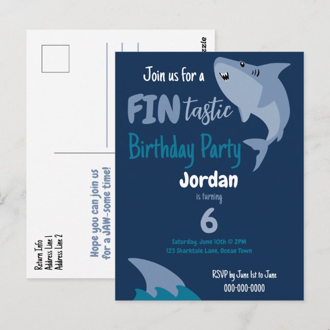 Fin-tastic Shark Birthday Party Kids Under The Sea Postcard (Front/Back)