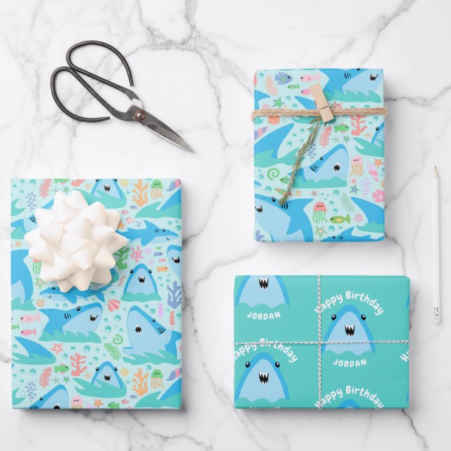 Fin-tastic Shark Birthday Party Kids Under The Sea Wrapping Paper Sheet (Front)