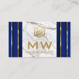 Fin Tech Icon   White Marble   Gold Blue Details Business Card