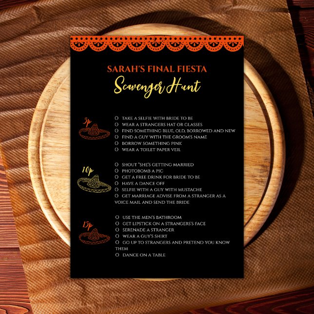 Final Fiesta Bachelorette Game Scavenger Hunt Card (bachelorette party game scavenger hunt mexican final fiesta bachelorette party activities)
