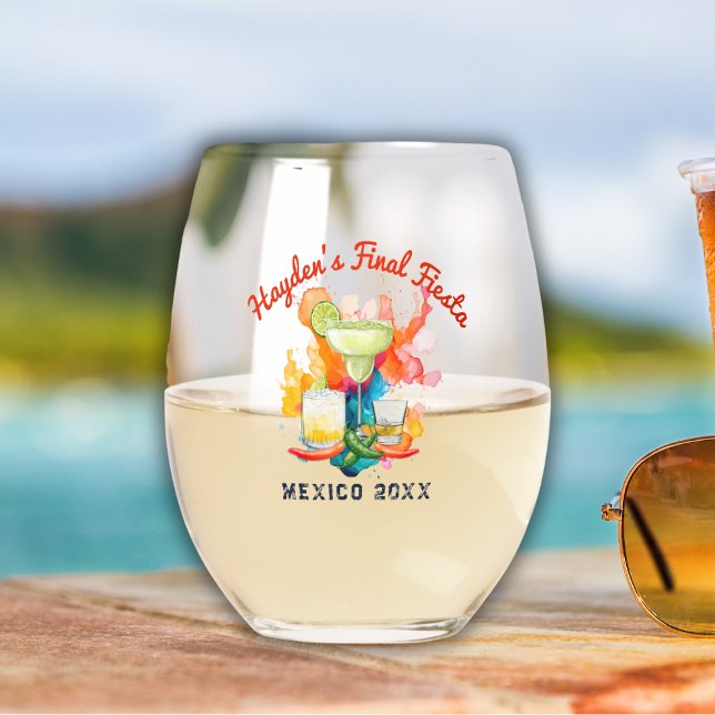 Final Fiesta Bachelorette Party Mexico Destination Stemless Wine Glass (Creator Uploaded)