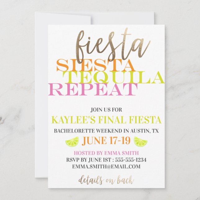 Final Fiesta Bright and Modern Bachelorette Party Invitation (Front)