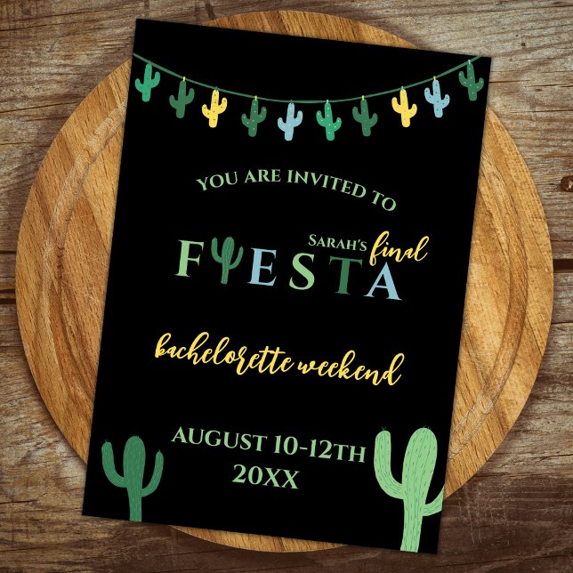 Final Fiesta Cactus Bachelorette Weekend Itinerary Invitation (final fiesta weekend itinerary bachelorette party invitation cactus green and yellow mexican themed)