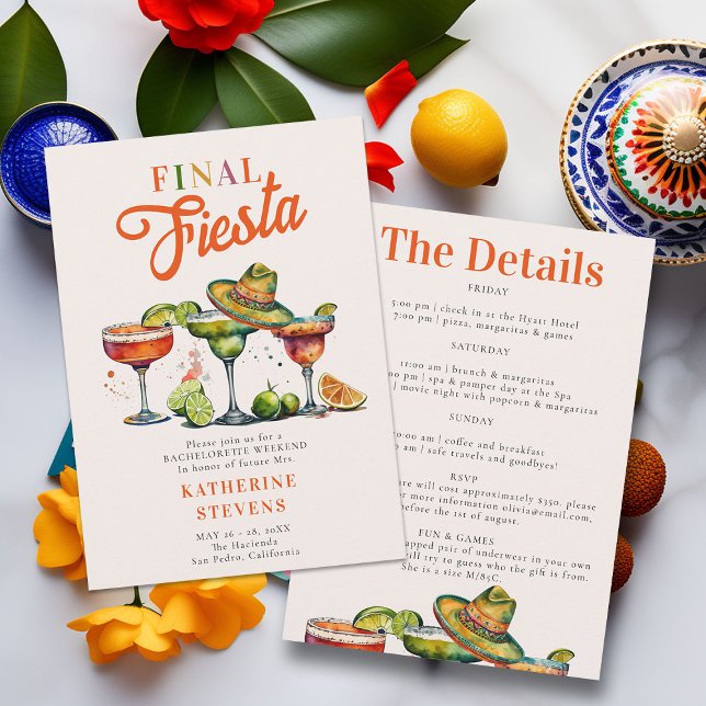 Final Fiesta Margaritas Bachelorette Weekend Invitation (final fiesta bachelorette bridesmaids weekend invitation itinerary margarita tequila colorful classy)