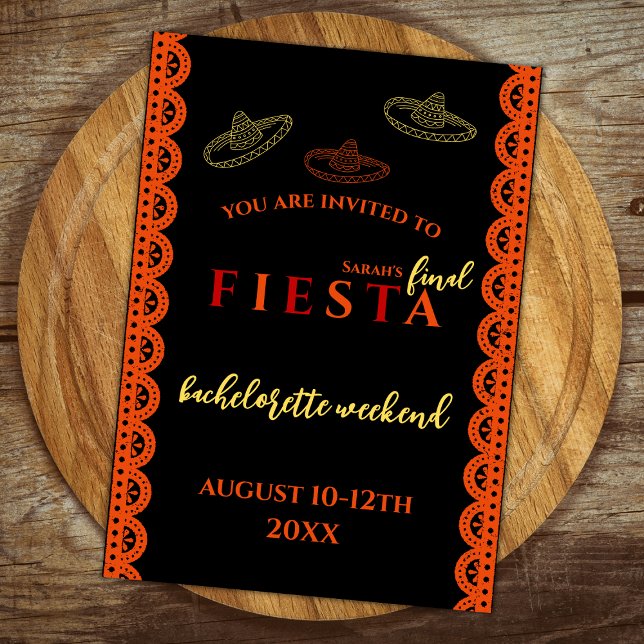 Final Fiesta Mexican Bachelorette Weekend Invitation (final fiesta bachelorette party invitation orange and red sombreros mexican themed )
