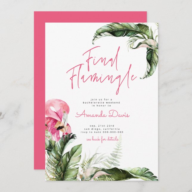 Final Flamingle Bachelorette Weekend Flamingo Invitation (Front/Back)
