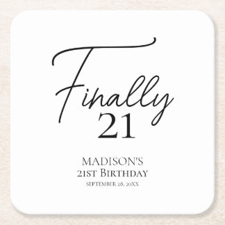 Finally 21 Black & White 21st Birthday Square Paper Coaster