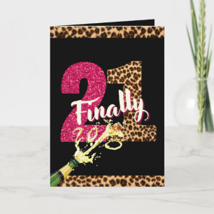 Finally 21 Hot Pink Glitter Animal Print Photo Card