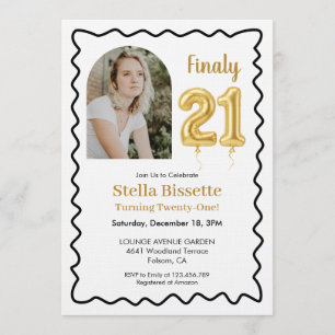 Finally 21 Modern Gold Balloon Photo Birthday Invitation