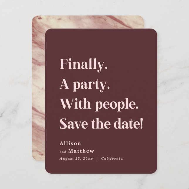 Finally a Party Simple Text Marsala Minimalist Save The Date (Front/Back)