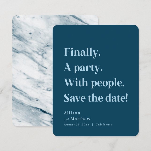 Finally a Party Simple Text Navy Blue Minimalist Save The Date (Front/Back)
