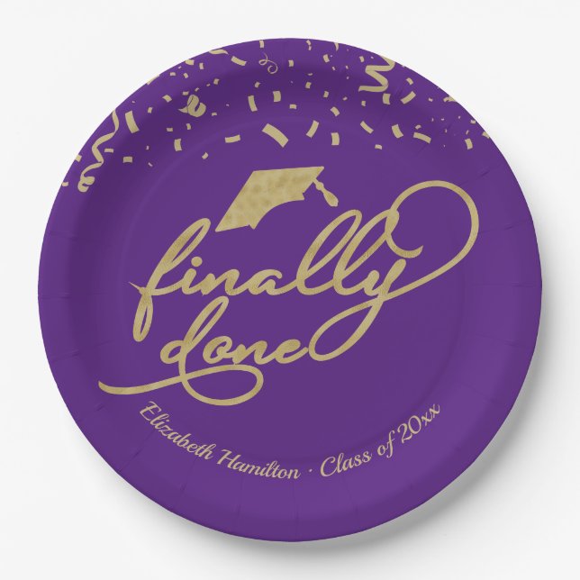 Finally Done Gold Calligraphy Graduation Party Pap Paper Plate (Front)