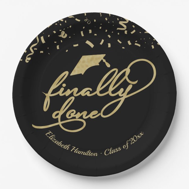 Finally Done Gold Calligraphy Graduation Party Paper Plate (Front)