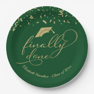 Finally Done Gold Script Graduation Party Green  Paper Plate