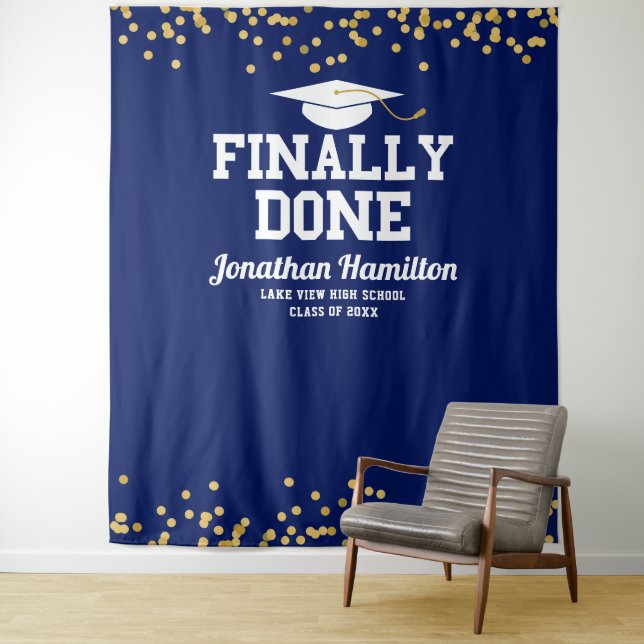 Finally Done Navy Blue Graduation Party Backdrop Tapestry (In Situ)