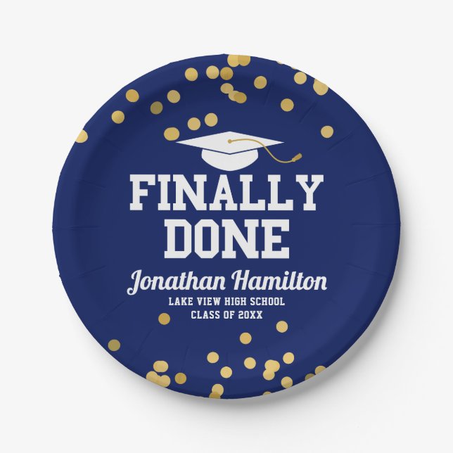 Finally Done Navy Blue Graduation Party Paper Plate (Front)