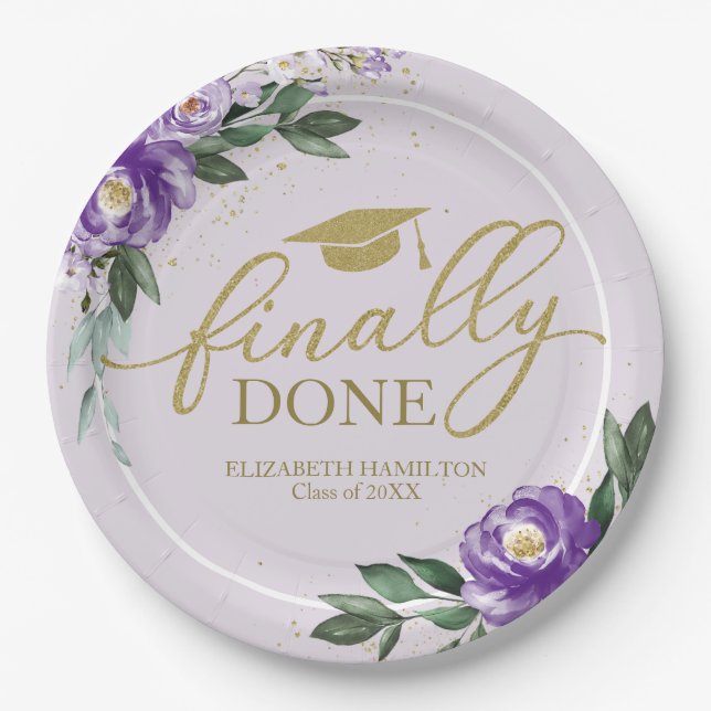 Finally Done Purple Floral Graduation Party Paper Plate (Front)