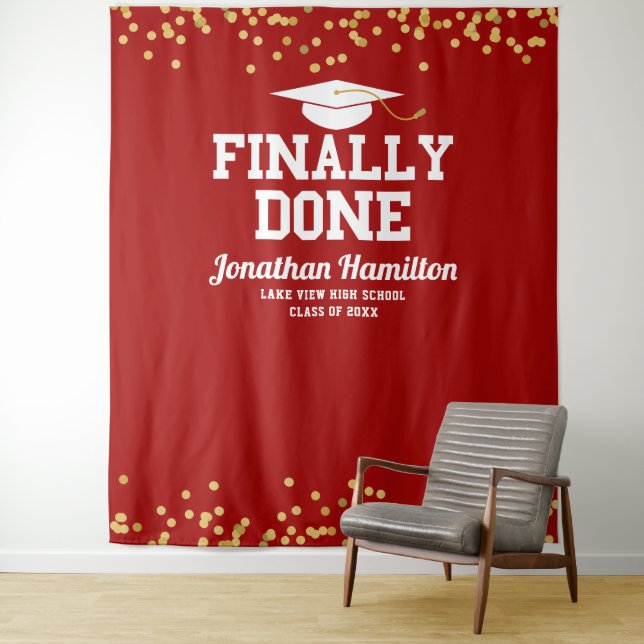 Finally Done Red Gold Graduation Party Backdrop Tapestry (In Situ)