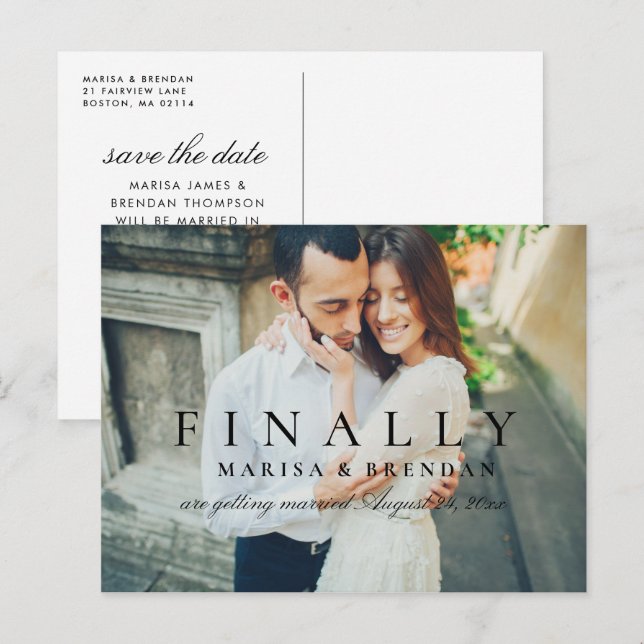 Finally Elegant Black White Photo Save the Date Announcement Postcard (Front/Back)