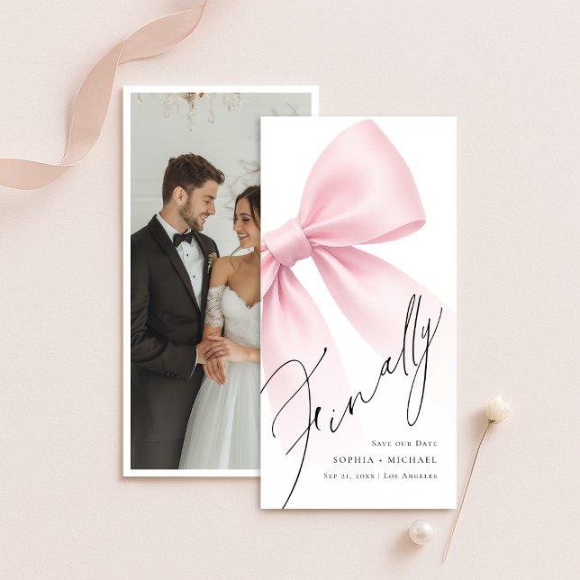 Finally Elegant Modern Pink Bow Photo Bookmark Save The Date (Creator Uploaded)